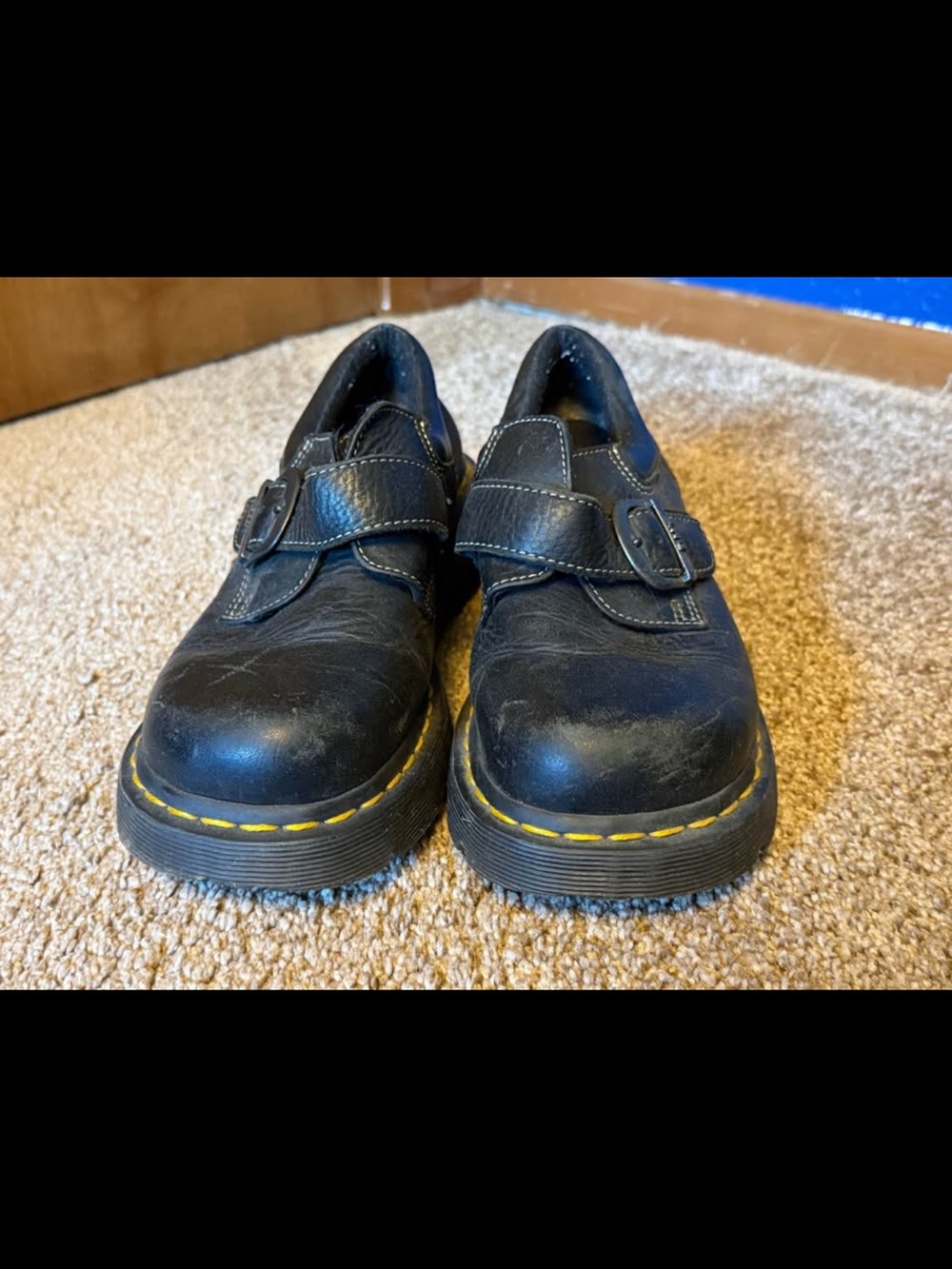 Dr. Martens Black Leather Mary Jane Shoes with Yellow Stitching
